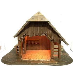 Vintage ANRI Wood Creche Manger Stable Nativity Italy w/ Reuge Music Box + Light